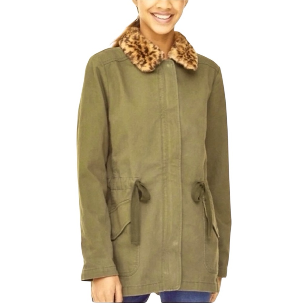 Loft leopard print faux fur collar army green barn jacket size xsmall